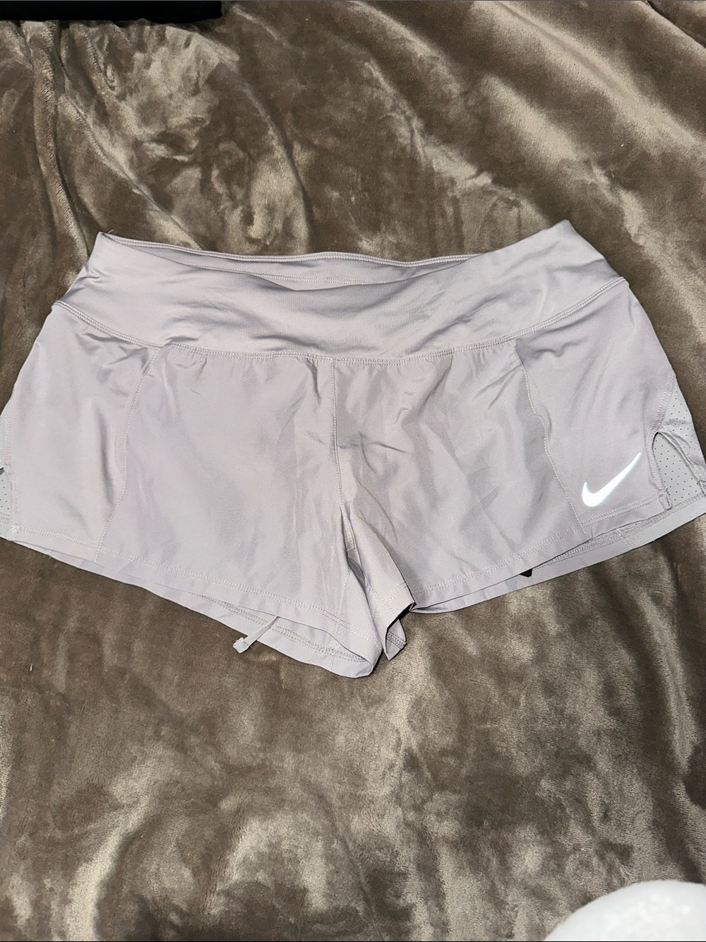 Nike Women's Light Grey Performance Running Shorts with Reflective Swoosh